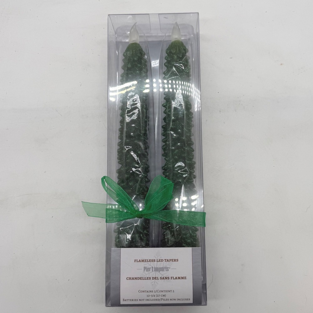 Pier‎ 1 Imports Green Glitter Pine Tree Flameless LED Taper Candles Set 2